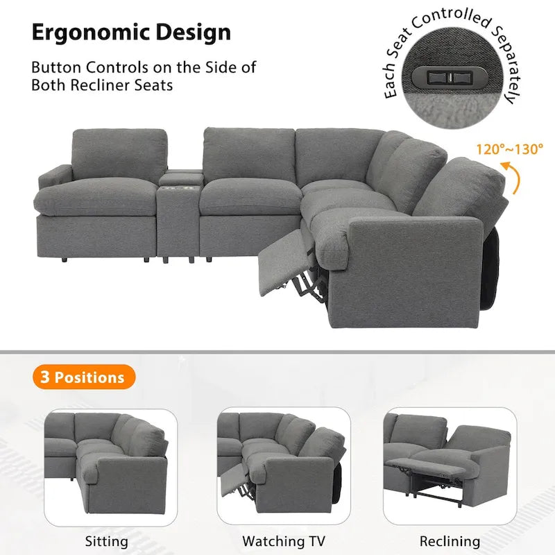 Sofá seccional reclinable eléctrico en forma de L gris oscuro/beige, 2 asientos