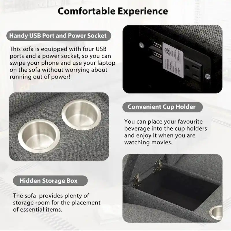 Sofá seccional reclinable eléctrico en forma de L gris oscuro/beige, 2 asientos