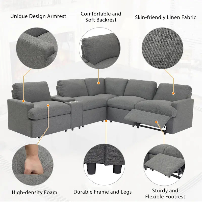 Sofá seccional reclinable eléctrico en forma de L gris oscuro/beige, 2 asientos