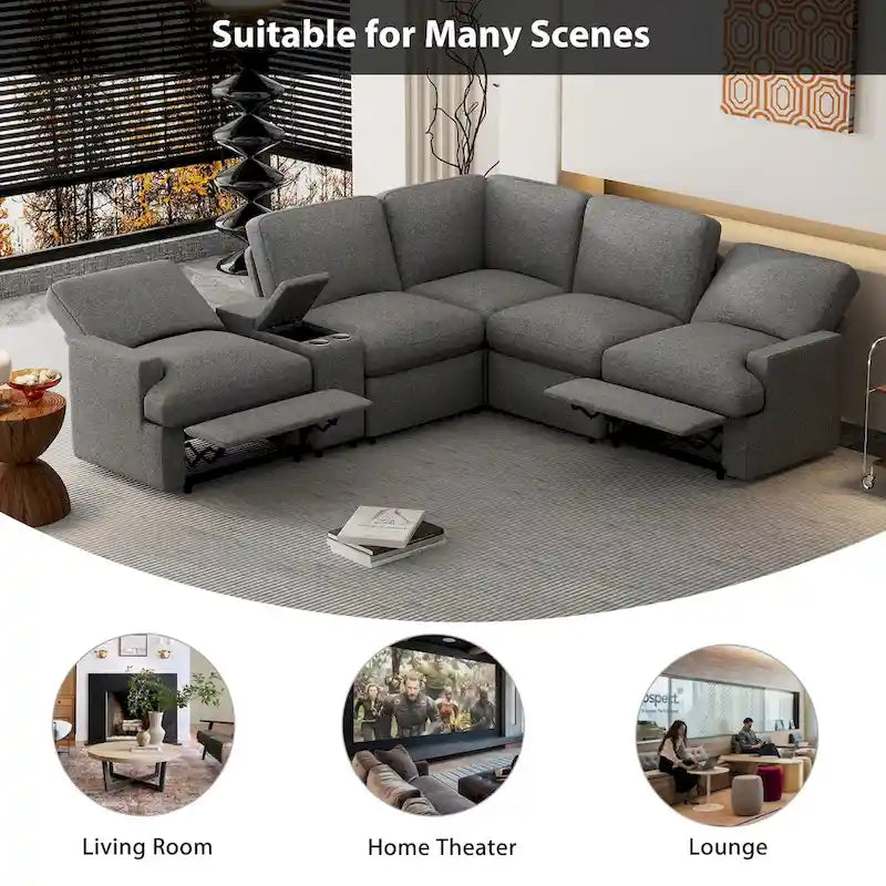 Sofá seccional reclinable eléctrico en forma de L gris oscuro/beige, 2 asientos