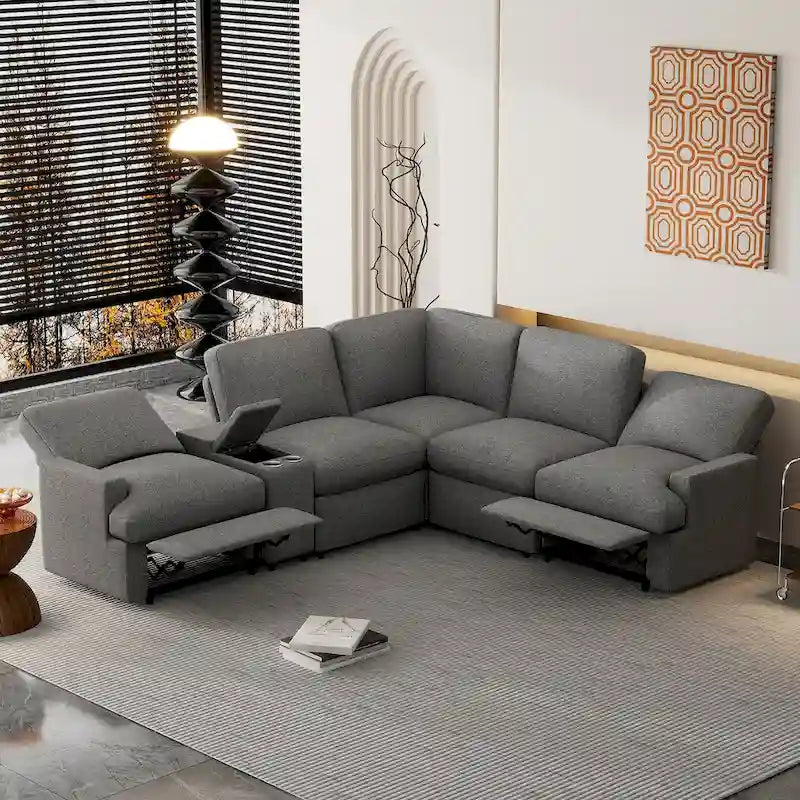 Sofá seccional reclinable eléctrico en forma de L gris oscuro/beige, 2 asientos