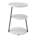 Mesa auxiliar redonda de tres niveles en blanco y negro con patas metálicas asimétricas