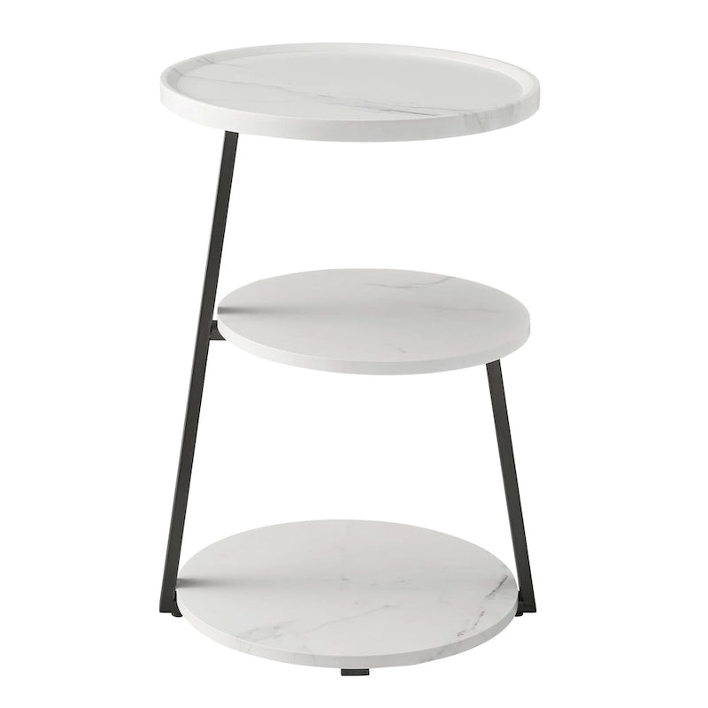 Mesa auxiliar redonda de tres niveles en blanco y negro con patas metálicas asimétricas