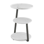 Mesa auxiliar redonda de tres niveles en blanco y negro con patas metálicas asimétricas