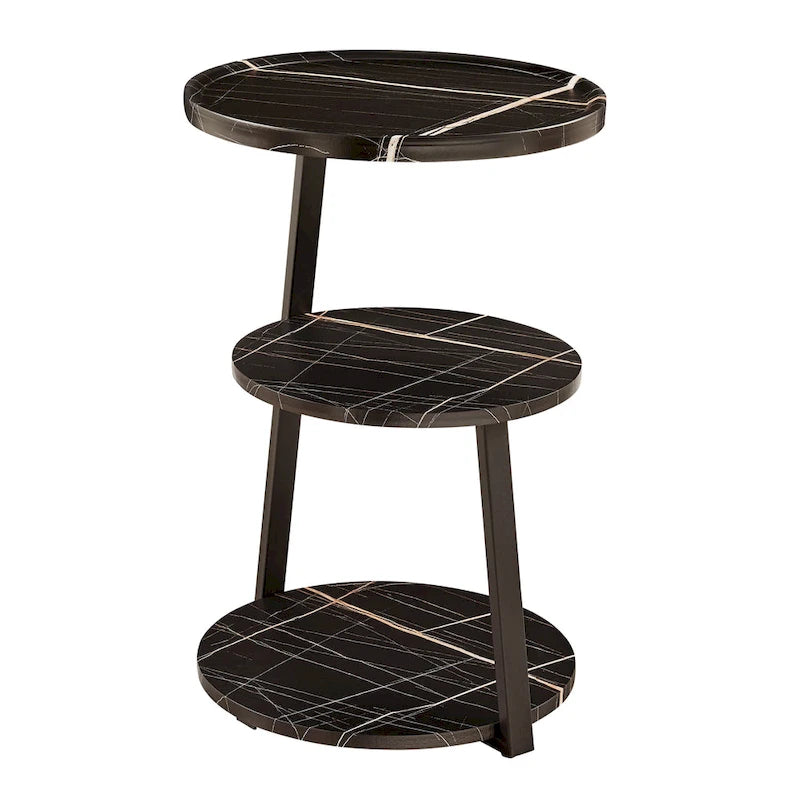 Mesa auxiliar redonda de tres niveles en blanco y negro con patas metálicas asimétricas