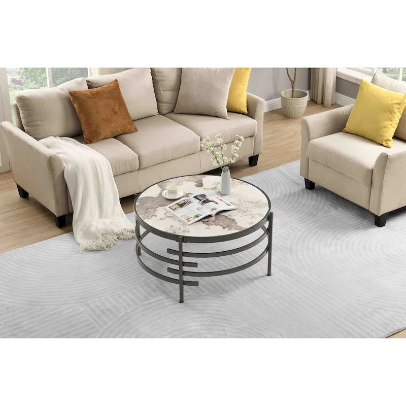 Mesa de centro con tablero de piedra sinterizada gris/dorada/plateada y estructura de metal, asientos para 1-2 personas