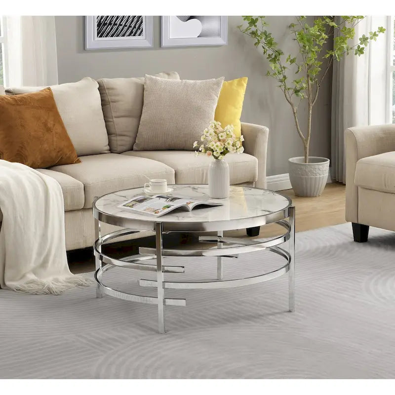 Mesa de centro con tablero de piedra sinterizada gris/dorada/plateada y estructura de metal, asientos para 1-2 personas