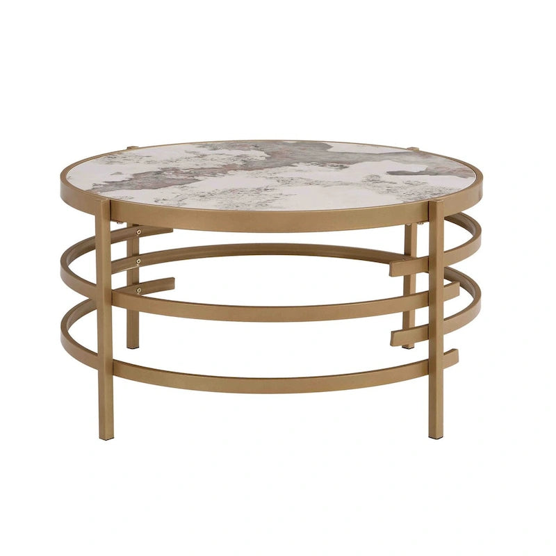 Mesa de centro con tablero de piedra sinterizada gris/dorada/plateada y estructura de metal, asientos para 1-2 personas