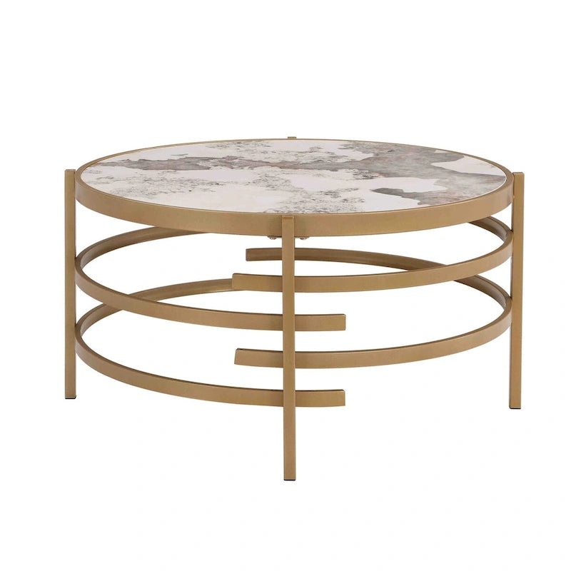 Mesa de centro con tablero de piedra sinterizada gris/dorada/plateada y estructura de metal, asientos para 1-2 personas