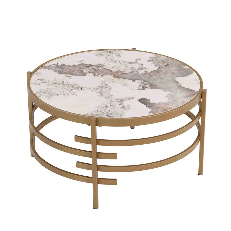 Mesa de centro con tablero de piedra sinterizada gris/dorada/plateada y estructura de metal, asientos para 1-2 personas