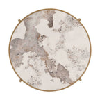 Mesa de centro con tablero de piedra sinterizada gris/dorada/plateada y estructura de metal, asientos para 1-2 personas
