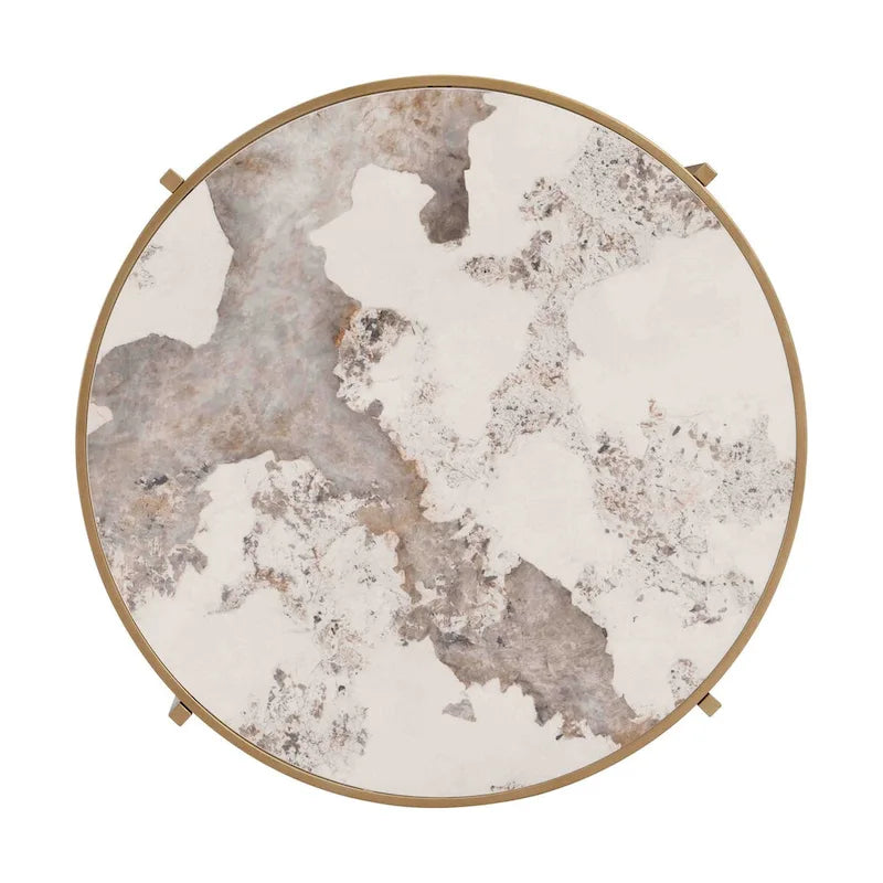 Mesa de centro con tablero de piedra sinterizada gris/dorada/plateada y estructura de metal, asientos para 1-2 personas