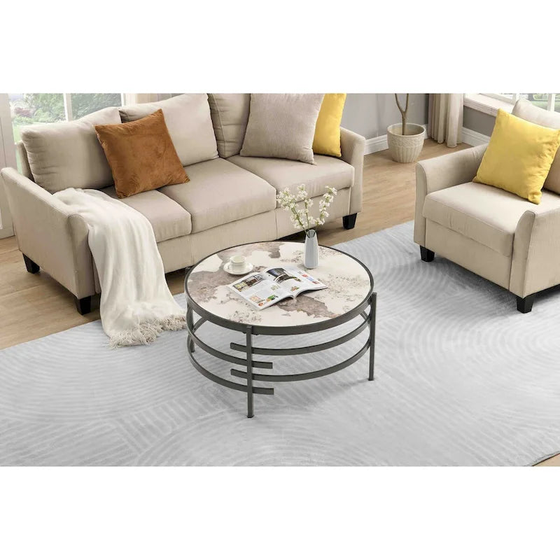 Mesa de centro con tablero de piedra sinterizada gris/dorada/plateada y estructura de metal, asientos para 1-2 personas