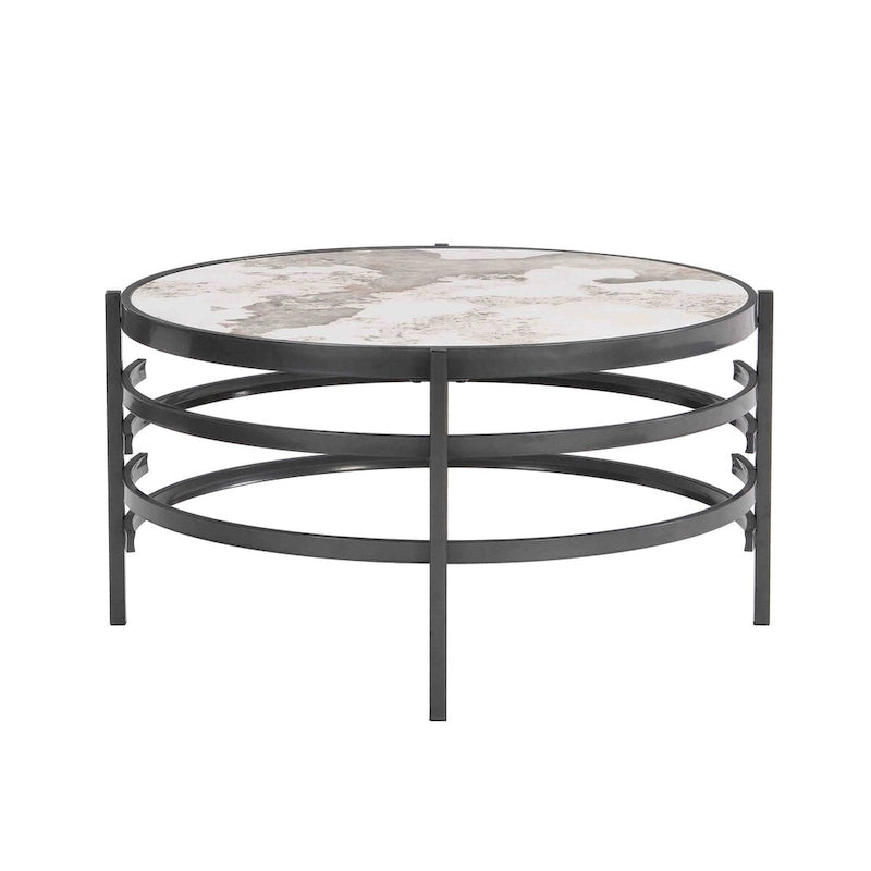 Mesa de centro con tablero de piedra sinterizada gris/dorada/plateada y estructura de metal, asientos para 1-2 personas