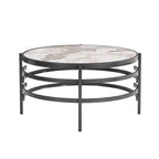 Mesa de centro con tablero de piedra sinterizada gris/dorada/plateada y estructura de metal, asientos para 1-2 personas