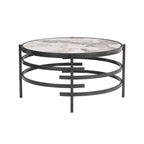 Mesa de centro con tablero de piedra sinterizada gris/dorada/plateada y estructura de metal, asientos para 1-2 personas