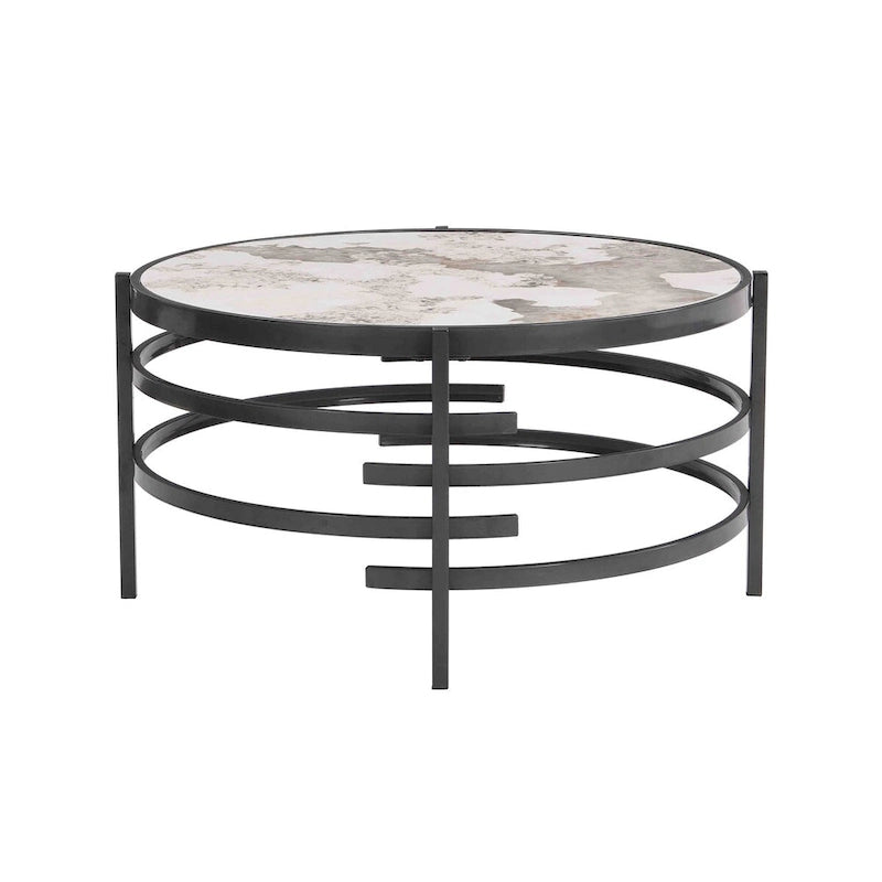 Mesa de centro con tablero de piedra sinterizada gris/dorada/plateada y estructura de metal, asientos para 1-2 personas