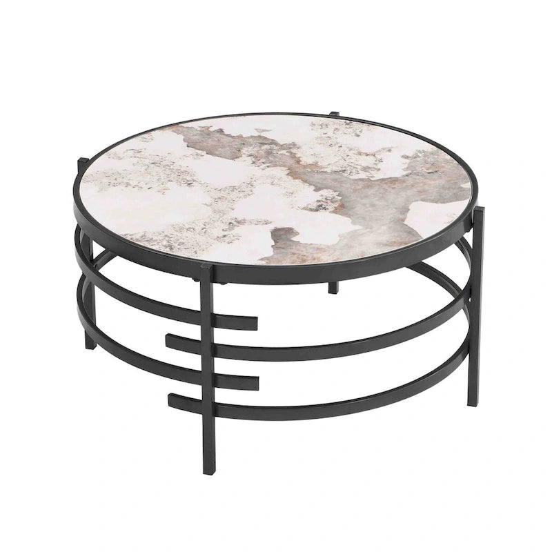 Mesa de centro con tablero de piedra sinterizada gris/dorada/plateada y estructura de metal, asientos para 1-2 personas