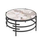 Mesa de centro con tablero de piedra sinterizada gris/dorada/plateada y estructura de metal, asientos para 1-2 personas