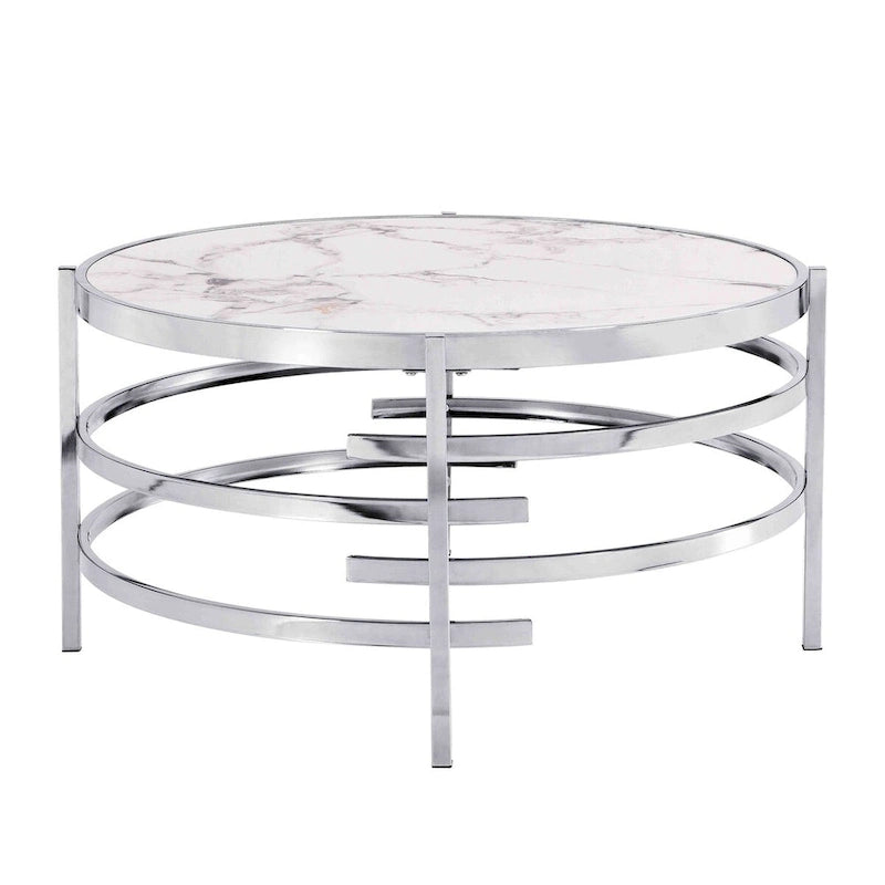 Mesa de centro con tablero de piedra sinterizada gris/dorada/plateada y estructura de metal, asientos para 1-2 personas