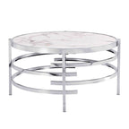 Mesa de centro con tablero de piedra sinterizada gris/dorada/plateada y estructura de metal, asientos para 1-2 personas