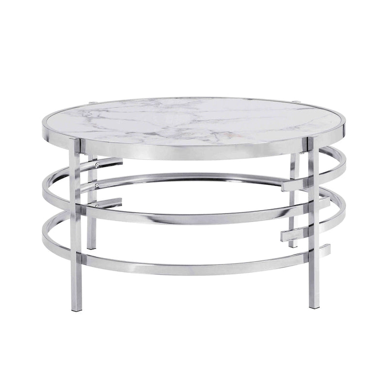 Mesa de centro con tablero de piedra sinterizada gris/dorada/plateada y estructura de metal, asientos para 1-2 personas