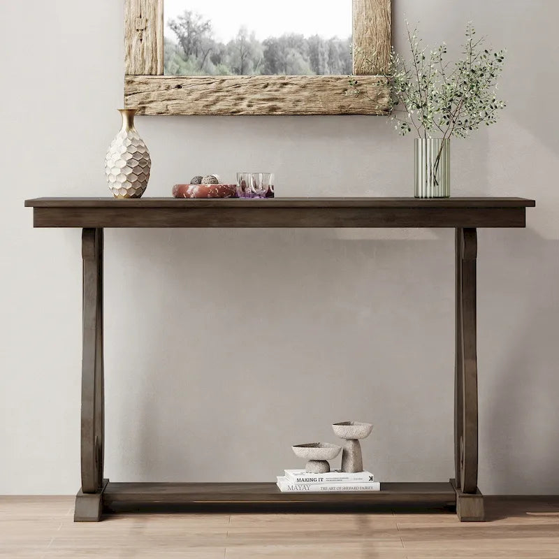 Mesa consola con estante abierto – Patas curvas (azul marino / nogal / negro / espresso)
