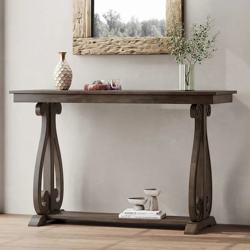 Mesa consola con estante abierto – Patas curvas (azul marino / nogal / negro / espresso)