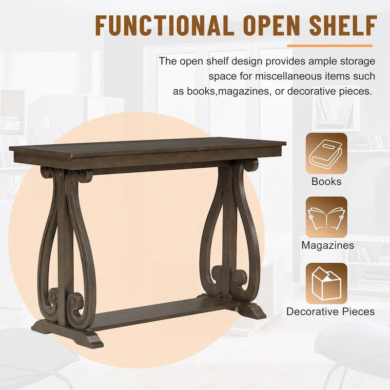 Mesa consola con estante abierto – Patas curvas (azul marino / nogal / negro / espresso)