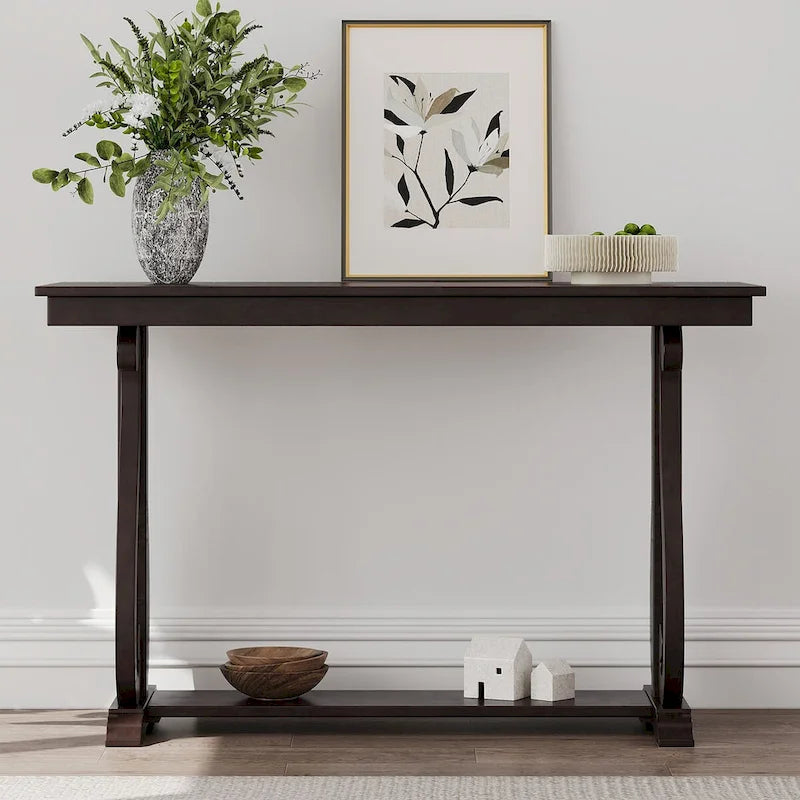 Mesa consola con estante abierto – Patas curvas (azul marino / nogal / negro / espresso)