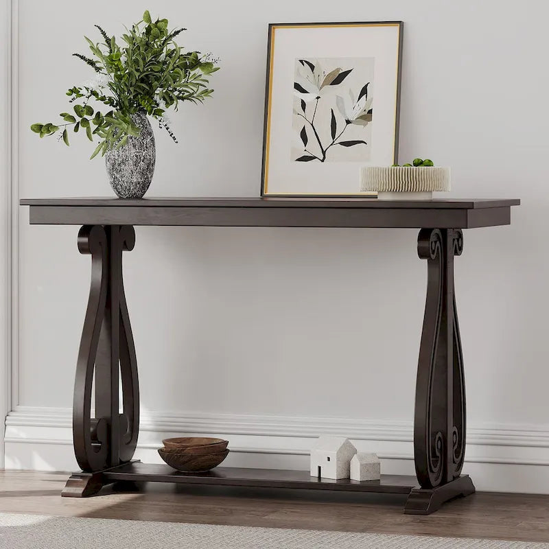 Mesa consola con estante abierto – Patas curvas (azul marino / nogal / negro / espresso)