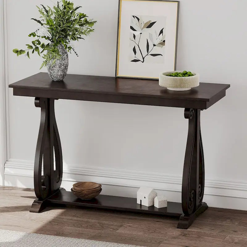 Mesa consola con estante abierto – Patas curvas (azul marino / nogal / negro / espresso)