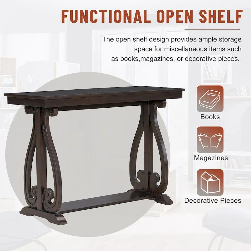 Mesa consola con estante abierto – Patas curvas (azul marino / nogal / negro / espresso)