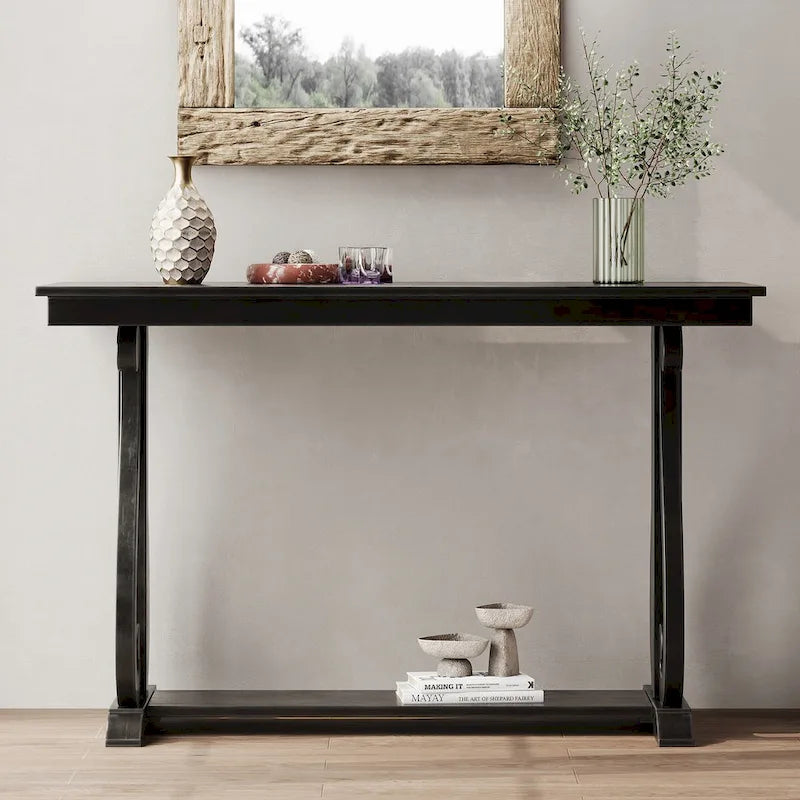 Mesa consola con estante abierto – Patas curvas (azul marino / nogal / negro / espresso)