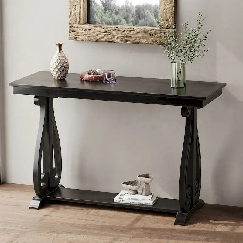 Mesa consola con estante abierto – Patas curvas (azul marino / nogal / negro / espresso)