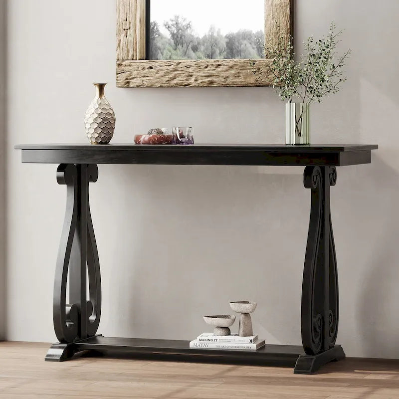 Mesa consola con estante abierto – Patas curvas (azul marino / nogal / negro / espresso)
