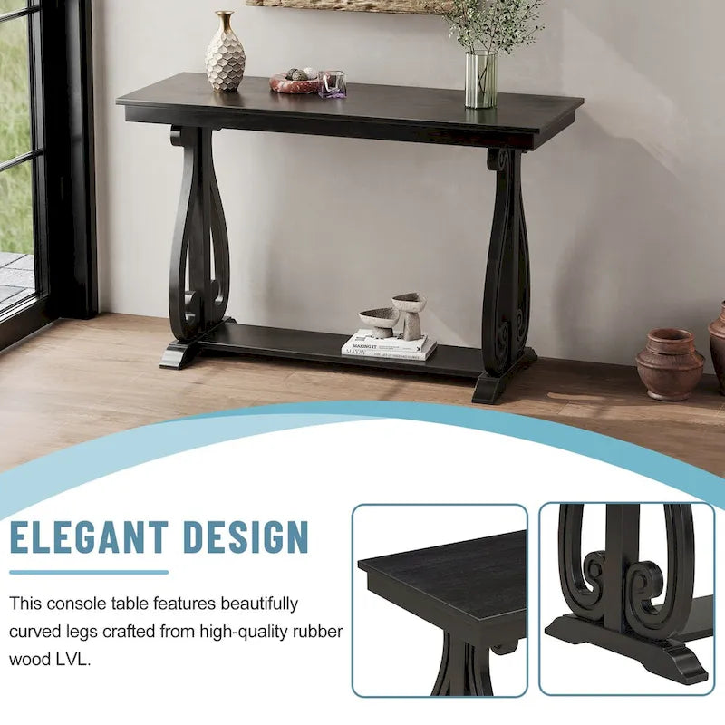 Mesa consola con estante abierto – Patas curvas (azul marino / nogal / negro / espresso)