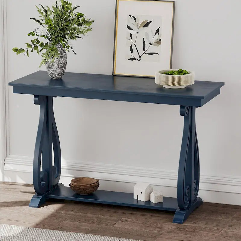 Mesa consola con estante abierto – Patas curvas (azul marino / nogal / negro / espresso)