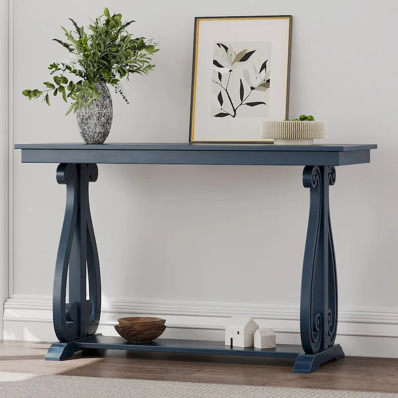 Mesa consola con estante abierto – Patas curvas (azul marino / nogal / negro / espresso)