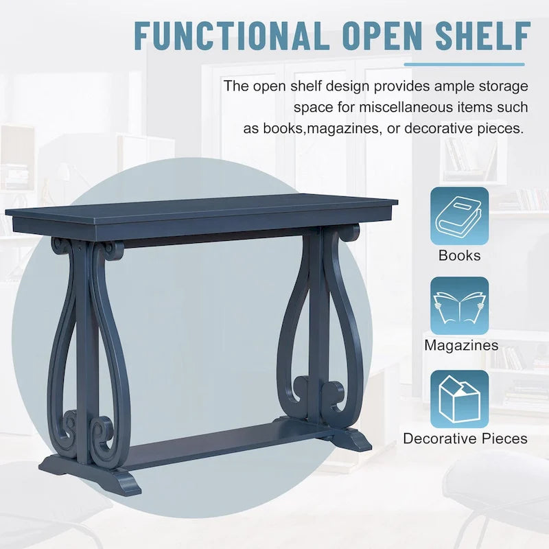 Mesa consola con estante abierto – Patas curvas (azul marino / nogal / negro / espresso)