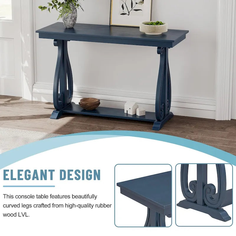 Mesa consola con estante abierto – Patas curvas (azul marino / nogal / negro / espresso)