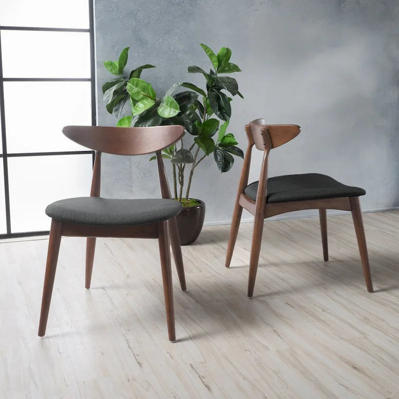 Silla de comedor Mid-Century, color carbón/gris, asiento de tela tapizado, juego de 2