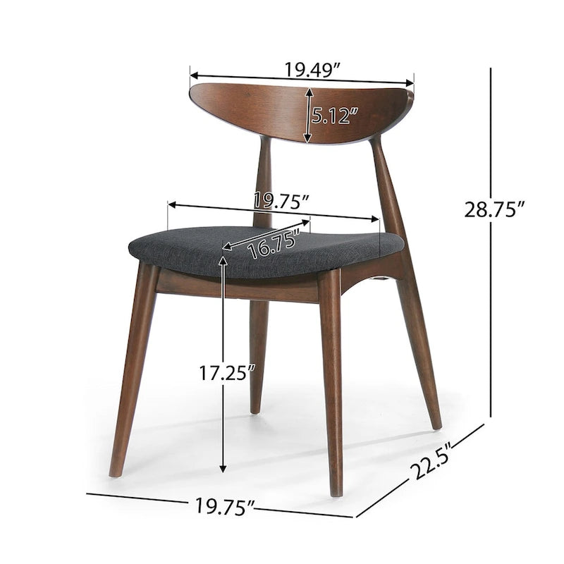 Silla de comedor Mid-Century, color carbón/gris, asiento de tela tapizado, juego de 2