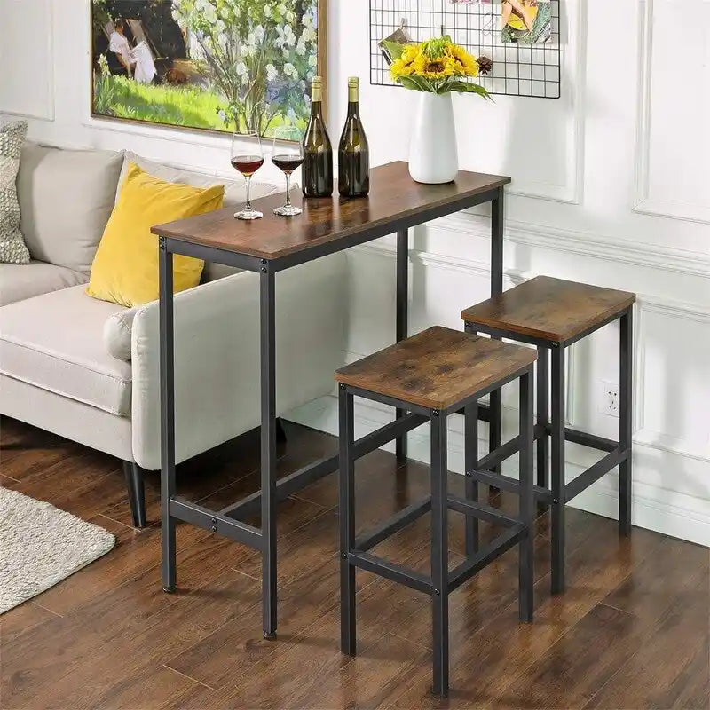 Mesa de barra estrecha con patas metálicas, para 2 personas – Marrón rústico / Blanco rústico / Negro ébano