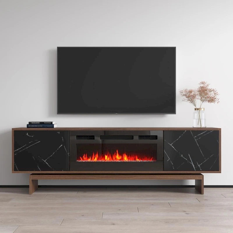 Mueble de TV con Chimenea Eléctrica de Nogal/Blanco y Nogal/Negro, Compatible con TVs de hasta 80"
