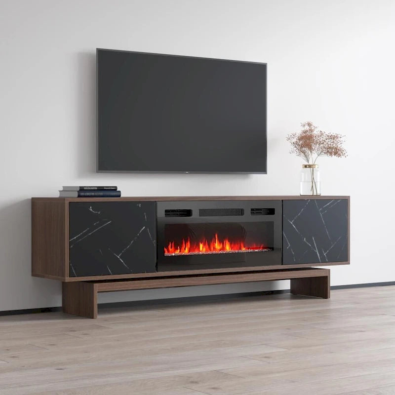 Mueble de TV con Chimenea Eléctrica de Nogal/Blanco y Nogal/Negro, Compatible con TVs de hasta 80"