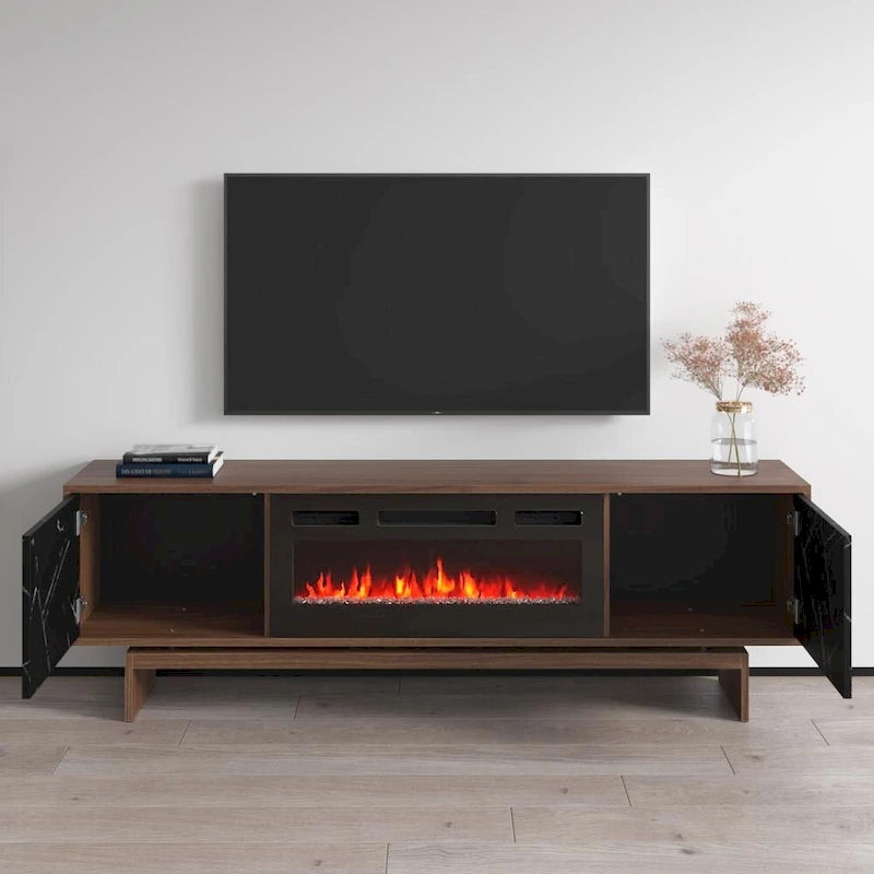 Mueble de TV con Chimenea Eléctrica de Nogal/Blanco y Nogal/Negro, Compatible con TVs de hasta 80"