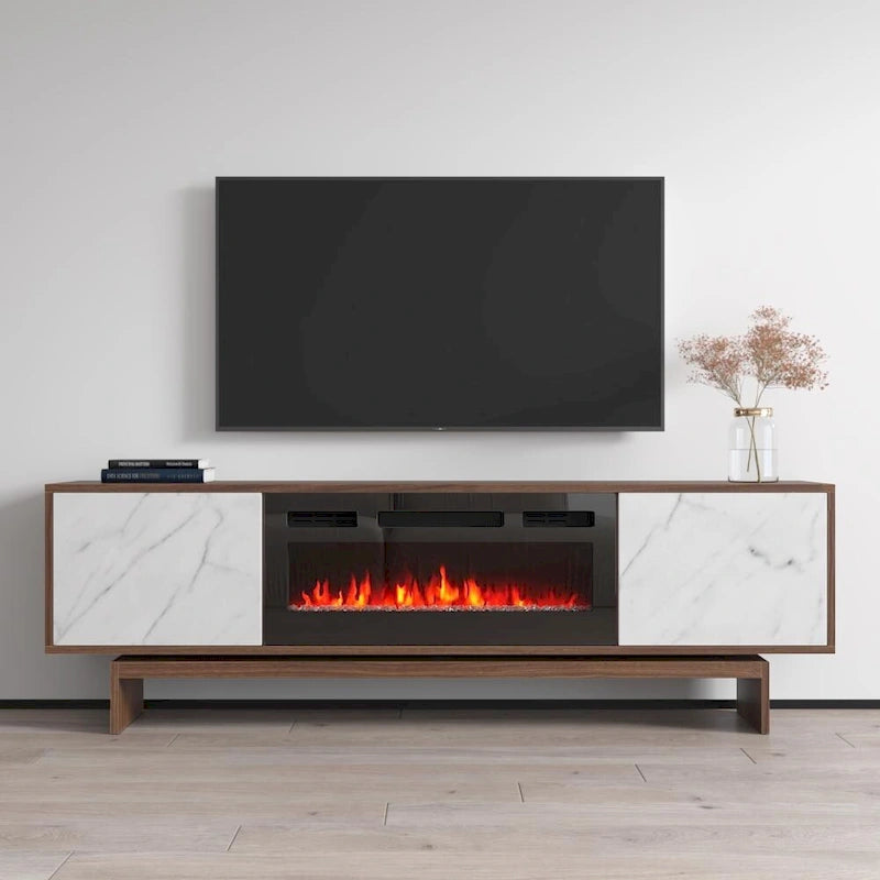 Mueble de TV con Chimenea Eléctrica de Nogal/Blanco y Nogal/Negro, Compatible con TVs de hasta 80"