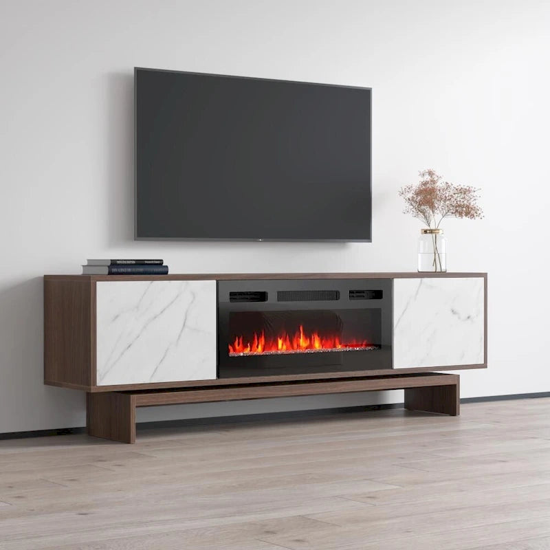 Mueble de TV con Chimenea Eléctrica de Nogal/Blanco y Nogal/Negro, Compatible con TVs de hasta 80"
