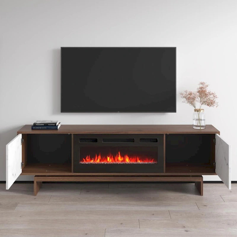 Mueble de TV con Chimenea Eléctrica de Nogal/Blanco y Nogal/Negro, Compatible con TVs de hasta 80"
